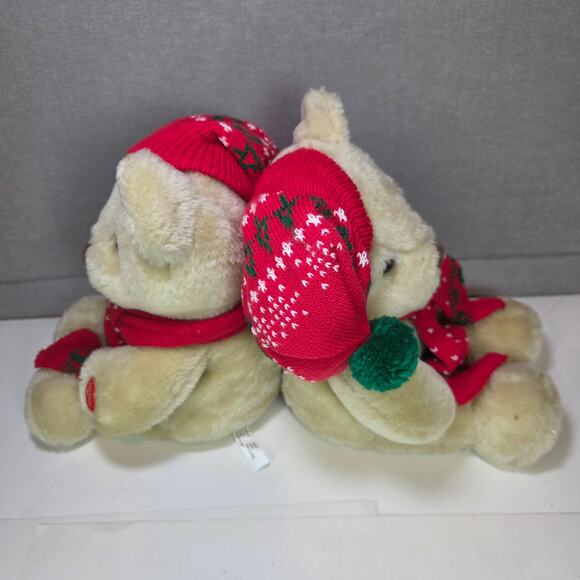 Pair of Christmas Animated Plush Bears Red Hat Scarf Holiday Stuffed Animals - Picture 6 of 11